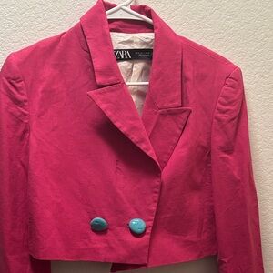 Zara Women's Fuchsia Cropped Blazer with matching chic shorts.